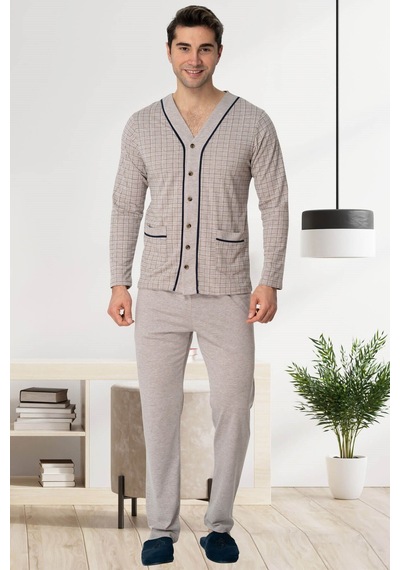 Mecit Pijama Mecit 22767 Kahve Önden Düğmeli Büyük Beden Erkek Pijama Takımı Kahverengi