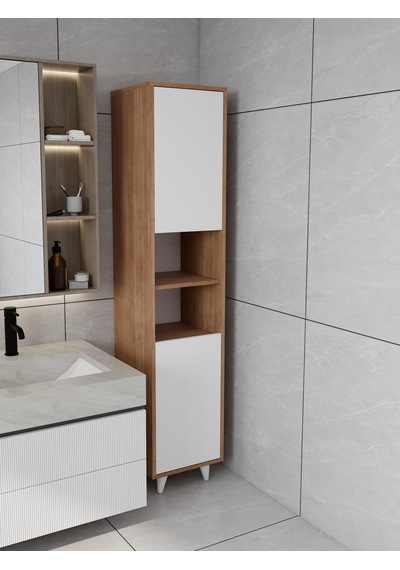 Riva Çamaşır Sepetli Banyo Dolabı Marbellakiraz Renk Meşe - Beyaz