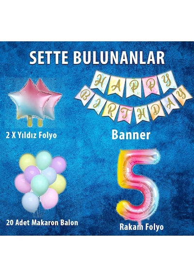 Gökkuşağı Konsepti 5 Yaş Doğum Günü Parti Kutlama Seti Rakam Ve