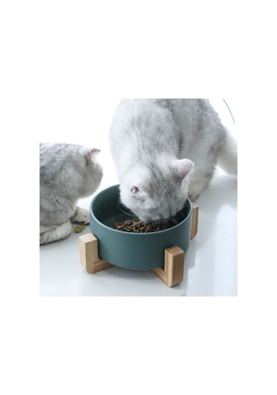 Yılmazel Seramik ve Doğal Ahşaptan Kedi Mama ve Su Kabı