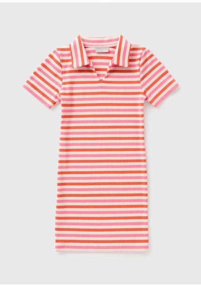 Kız Çocuk Renkli Çizgili Polo Yaka Triko Yazlık Mini, Midi Elbise Pembe