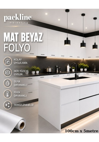Packline Marketing Mat Beyaz Yapışkanlı Folyo Mutfak Dolap Ve Mobilya Kaplama Folyosu 100cm X 5mt 010 - Mat Beyaz