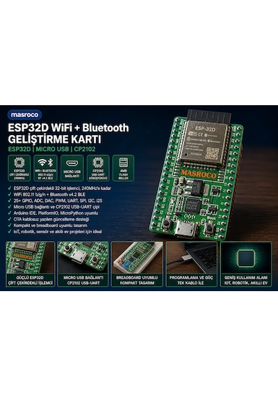 Esp32-d Wifi Bluetooth Geliştirme Kartı Devkitc V4 Yeşil Pcb, Usb Kablo Dahil