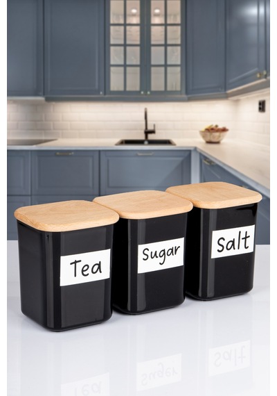 3'lü Ahşap Vakumlu Kapaklı Kare Akrilik Tea Sugar Salt Erzak Saklama Kabı 900 Ml Siyah
