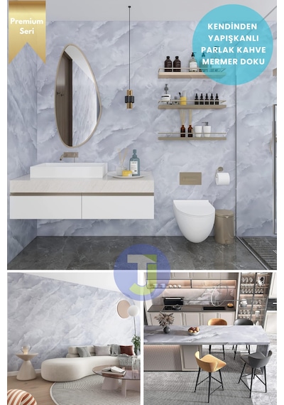 Technojet Kendinden Yapışkanlı Mermer Desen Folyo Mutfak Banyo Tezgah Duvar Kaplama 60cmx500cm Açık Gri