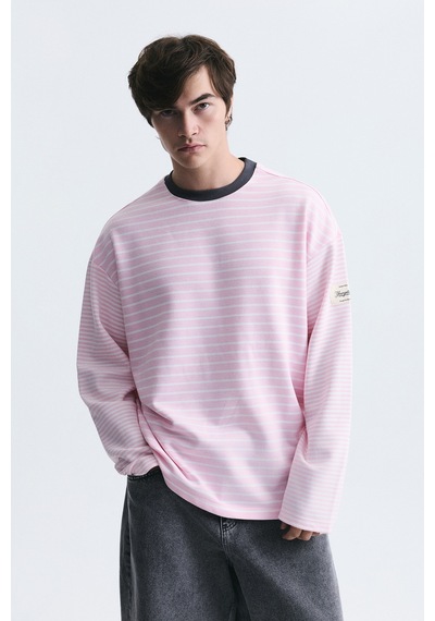 Vamos Kontrast Yaka Çizgili Sweatshirt Ekru-pembe