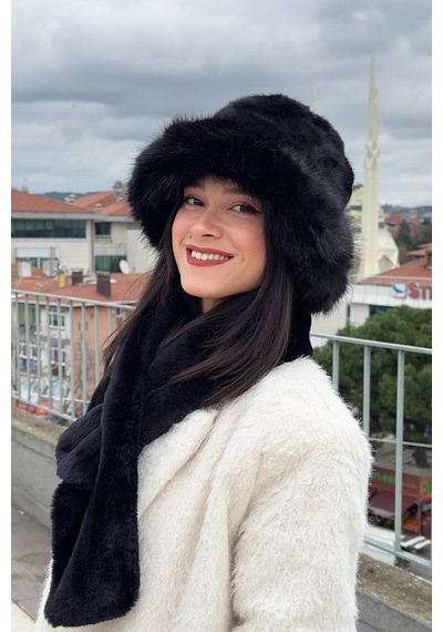 Mollycrush Peluş Rus Tarzı Bucket Kalpak Kadın Şapka Atkı 2'li Set Siyah