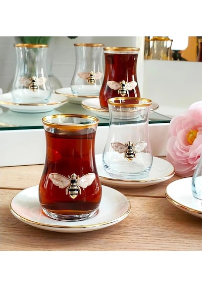Queen Bee 12 Parça Çay Takımı 6 Kişilik Cam - Porselen Çay Seti Arı Desenli Şık Sunum Takımı Genel