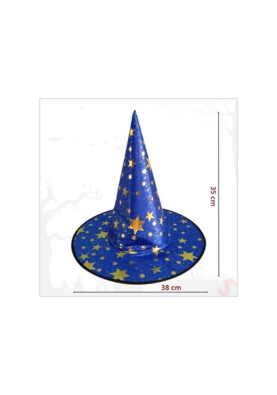 Yıldız Desenli Hallloween Cadı Şapkası, 38cm - Lacivert