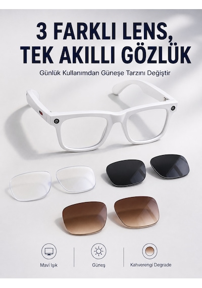 Yapay Zeka Destekli Akıllı Gözlük Dahili Kameralı Bluetooth Müzik Ve Arama Özellikli Ses Kontrollü Değiştirile