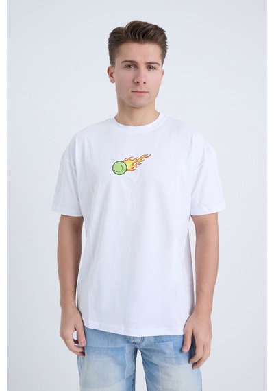 Erkek Oversize Baskılı T-shirt Beyaz Hot Tennis Beyaz