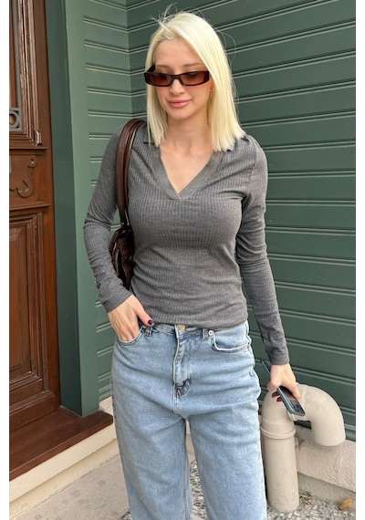 Madmext Antrasit Polo Yaka Fitilli Kadın Body Mg2566 Antrasit