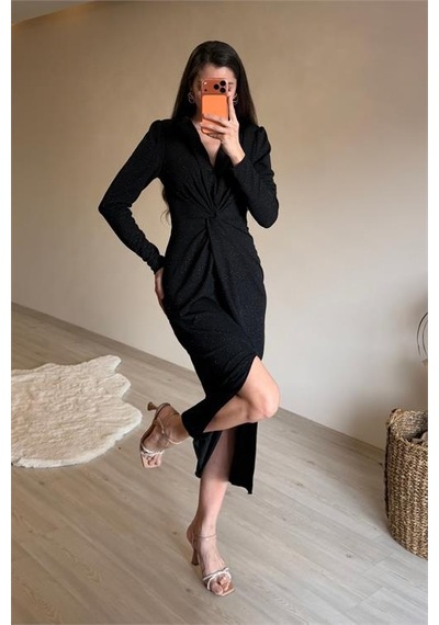 Neşeli Butik Kadın Siyah Bel Büzgü Detaylı Yırtmaçlı Midi Boy Abiye Elbise Nm027 Siyah