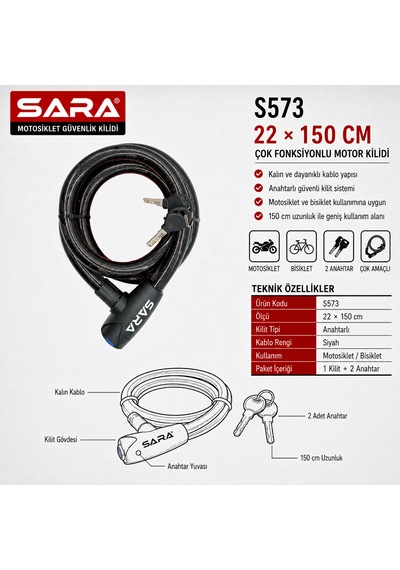 Sara S573 Motosiklet Ve Bisiklet Güvenlik Kilidi 150 Cm, Anahtarlı, Siyah, 2 Anahtar Siyah - Gri