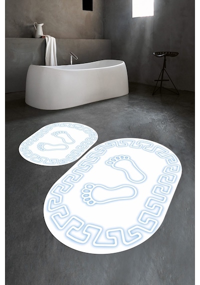 Buççin Online Mağaza Dijital Baskılı Kaymaz Yıkanabilir Ayak Desen Oval Banyo Takımı Klozet Takımı Polyester Beyaz Çok Renkli