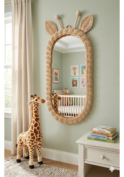 Rattan Bambu El Örmesi Zürafa Model Boy Aynası Ekru