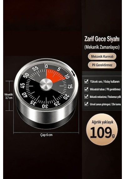 Gri Metal İçi Siyah Mekanik Mıknatıslı Klasik Zilli Mutfak Zamanlayıcı Timer Thr395sy
