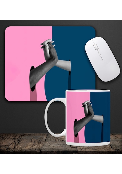 Baskılı Kupa & Pembe Ve Mavi Renk El Ele Tutuşan Motifli Mouse Pad 23x19cm Fare Altlığı Kaydırmaz Taban De592 Ofis Hediyesi