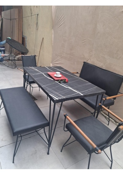 Masa Sandalye Tk 90605 Penyez Takım Model Metal Siyah Suni Deri Balkon-bahçe Siyah