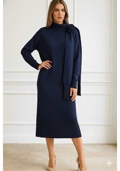 Onno Style Women Triko Atkılı Güllü Elbise Lacivert