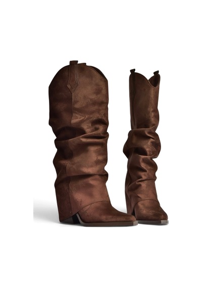 Fox Shoes Z820931002 Kahverengi Süet Kalın Topuklu Kadın Çizme