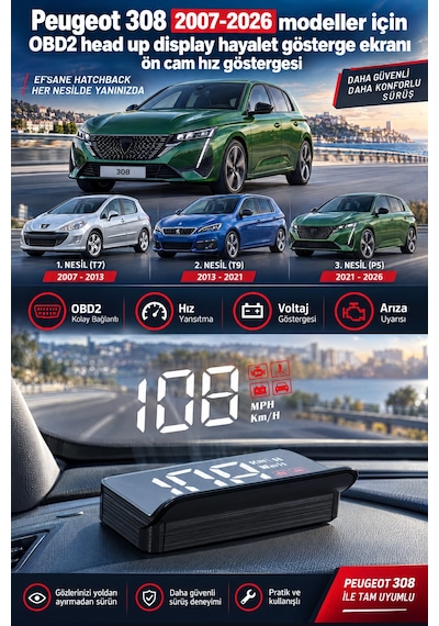 Peugeot 308 2007-2026 Modeller İçin Obd2 Head Up Display Hayalet Gösterge Ekranı Ön Cam Hız Göstergesi