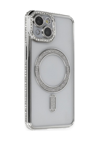 Apple iPhone Uyumlu   13 Kılıf Joke Simli Magneticsafe Kılıf - Gümüş