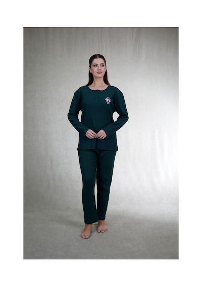 Estiva Kadın Nakış İşlemeli Patlı İnterlok Şardonlu Pijama Takımı Haki