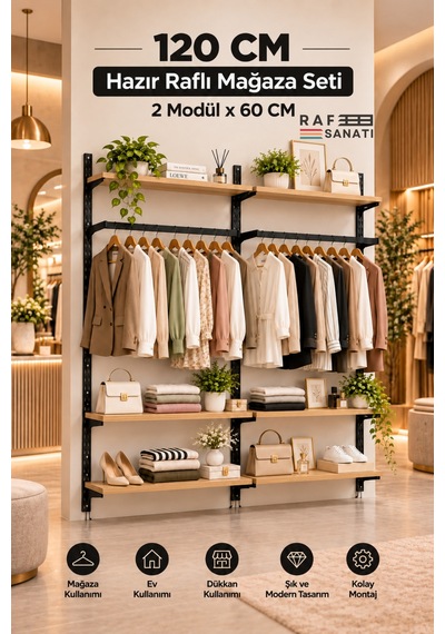 120 Cm 2 Modül 6 Raflı Askılı Hazır Mağaza Seti Askılıklı Duvar Tipi Raf Sistemi Safir Meşe