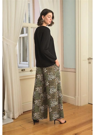 Ang Butik Kadın Çiçek Yaprak Ve Etnik Desenli Uzun Kollu Pijama Takımı Siyah