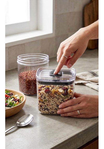 Fresh Hava Geçirmez Kare Plastik Erzak Kabı 700 Ml - Vakumlu Tek Tuş Kapaklı Şeffaf Plastik Bakliyat, Un Ve Şeker Saklama Kabı, Bpa İçermez 10,5x10,5x9cm