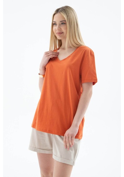 Fashion Friends V Yaka %100 Pamuklu Turuncu Kadın T-shirt 25y0248k1 Turuncu