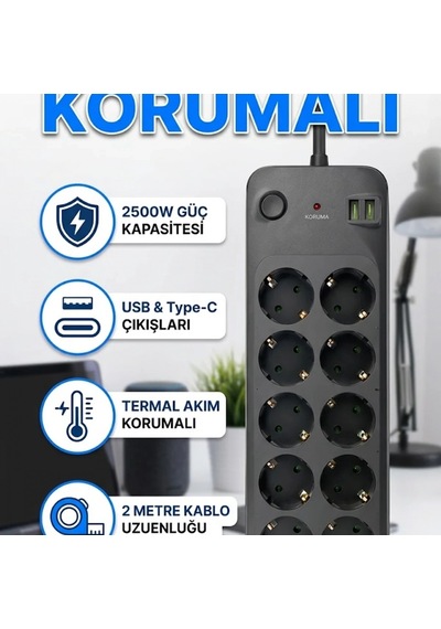10 Lu Termal Korumalı Grup Priz 2500w Usb Ve Type-c Çıkışlı 2 Metre Kablolu Diğer