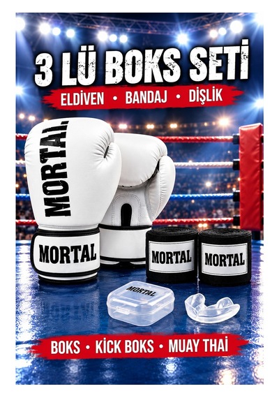 Mortal 3'lü Boks Seti Boks Eldiveni Boks Bandajı Dişlik Kick Boks Eldiveni Çocuk Ve Yetişkin Boylar Beyaz - Siyah