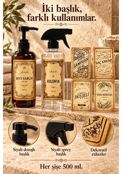 Alubrella 500 Ml Amber Pompalı Ve Şeffaf Sprey Boş Şişe 2 Li Set Ve Banyo Etiketleri