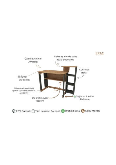 Enda Home Saye 5 Raflı Kitaplıklı Çalışma Masası Çam - Antrasit Koyu Gri - Çam