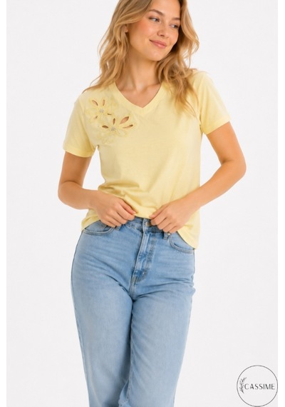 Cassime Kadın Sarı %100 Pamuk Regular/normal Kalıp Çiçek Nakışlı Örme T-shirt