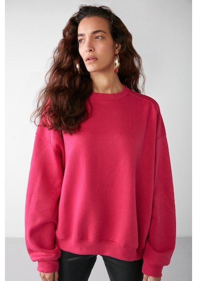 Grimelange VANELTINA  Kadın Bisiklet Yaka İçi Polarlı Oversize Fit Basic Pembe Sweatshirt