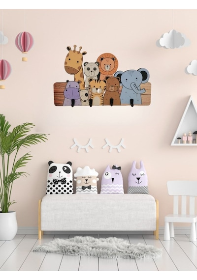 Çocuk Odası Duvar Askılığı 4 Askılı Montessori Doğal Ahşap Uv Baskılı Askı Açık Kahve