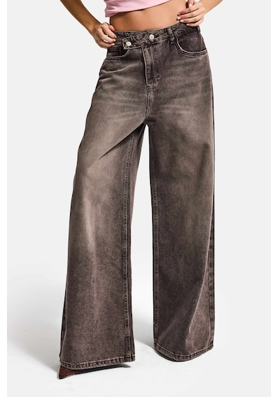 Itsbasic Kadın Koyu Kahve 4s6-16 Mega Baggy Fit Kemer Detaylı Bol Kesim Denim Jean