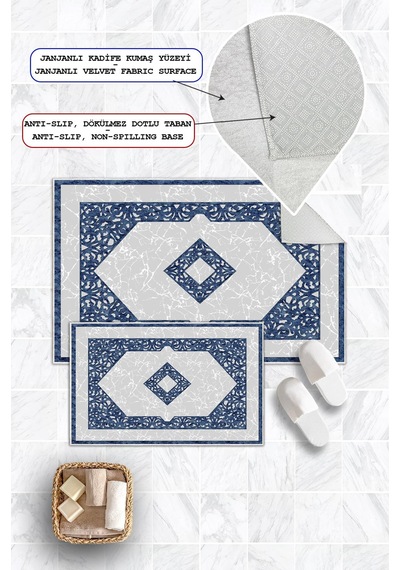 Dijital Baskı Klasik Kaymaz Taban 2li Set Banyo Paspası Klozet Takımı 50x60cm-60x100cm Mavi