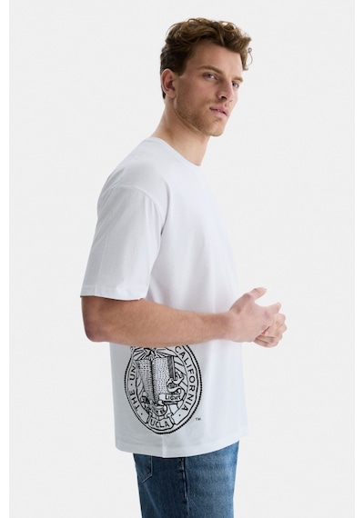 Ucla Ignıso Beyaz Bisiklet Yaka Baskılı Oversize Erkek Tshirt Beyaz