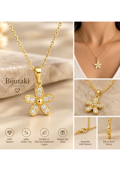 Gold Çiçek Figürlü Zirkon Taşlı Işıltılı Kadın Kolye