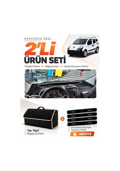 E-biz Peugeot Bipper 2007-2020 Uyumlu Torpido Örtüsü + Tay Tüyü Bagaj Çantası - Siyah-bej - Pe020