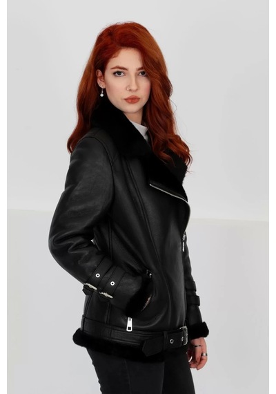 M M Marki Marki Siyah Hakiki Deri Kaban, Içi Kürklü, Kemerli Detaylar, Chic Elegance - 70 Cm - 102622
