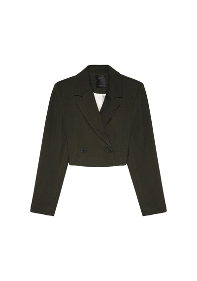 Quzu Vatka Detaylı Crop Blazer Ceket Haki