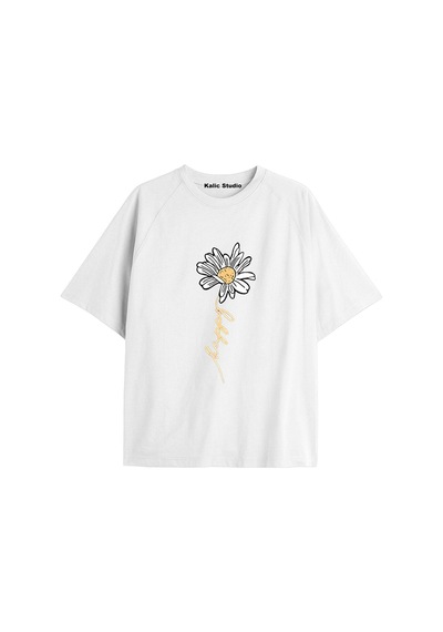 Kalic Studio Kadın Çiçek Özel Baskılı Renkli Oversize Penye Pamuklu Bisiklet Yaka T-shirt Beyaz-8