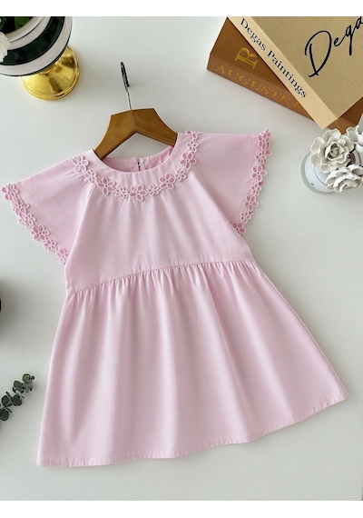 Magu Kız Çocuk Pamuklu Pembe Çiçek Güpür Detaylı Elbise