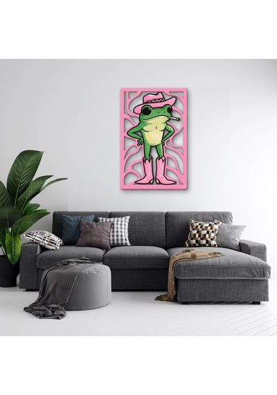 Pembe Kovboy Şapkalı Kurbağa Metal Tablo 63x95 Cm Çok Renkli