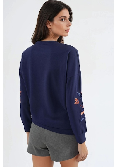 Hiccup Modal Dokulu İşlemeli Bisiklet Yaka Sweatshirt Berşan Collection Lacivert